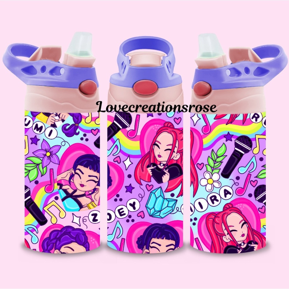 Colorful Kids Water Bottle with Purple and Pink Design demon hunters